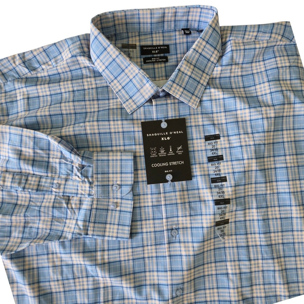 Shaquille O'Neal Mens Dress Shirt Blue White Plaid Cooling Stretch 4XL 20 34/35